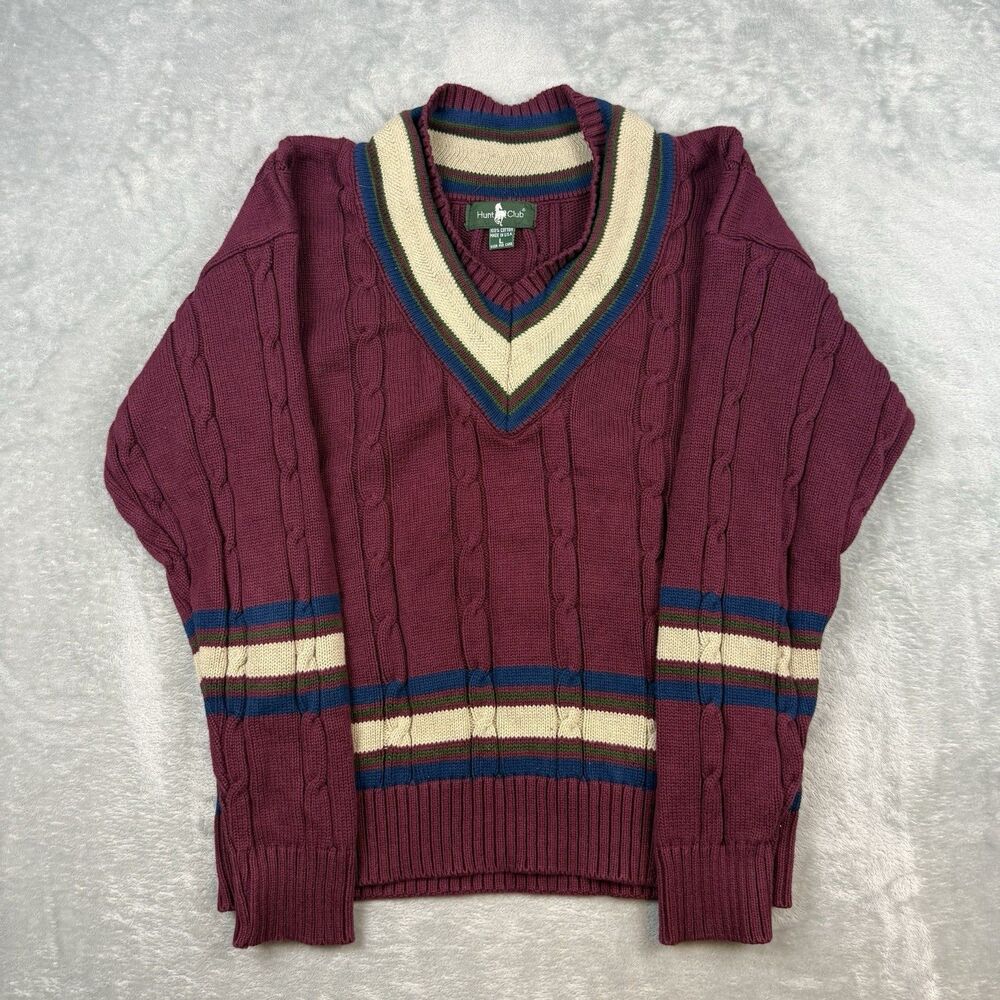 Vintage Hunt Club Cable Knit Cricket V-Neck Sweater USA Made Burgundy